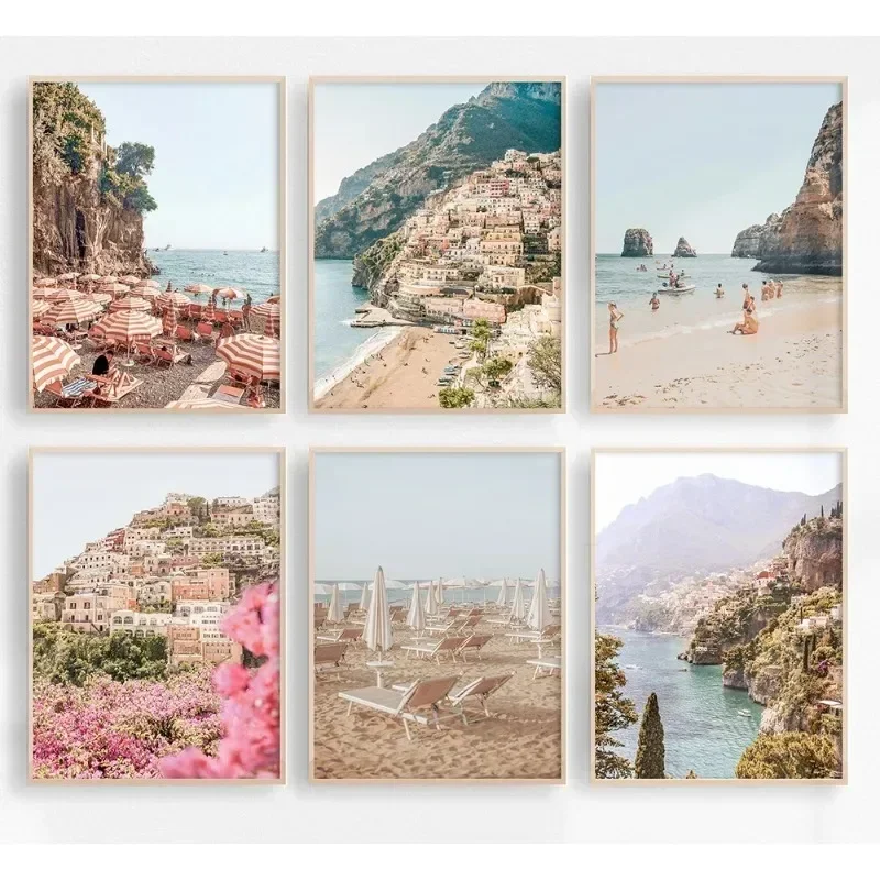 Pintura en lienzo de paisaje de la costa Amalfi, póster de Italia Positano, fotografía de playa, arte de pared para decoración estética del hogar y la sala de estar