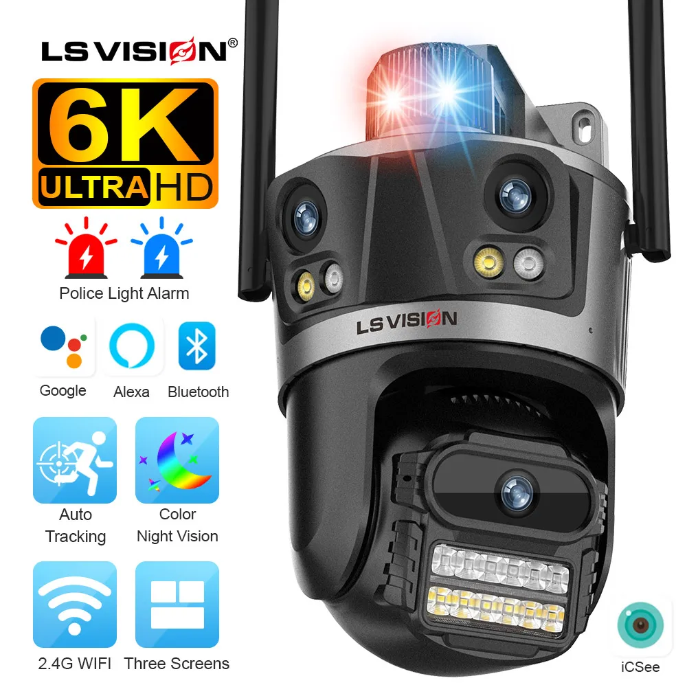 vision camera ip ao ar livre com wi fi auto tracking cctv cameras ptz luz vermelha luz azul lens wi fi 6k 12mp icsee app ls 01