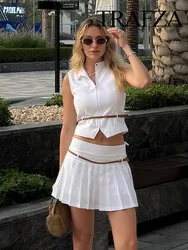 TRAFZA Women 2 Piece Set Fashion Zipper Belt Decoration Solid Sleeveless Vest Top+Vintage Slim Zipper Pleated Mini Skirt Shorts