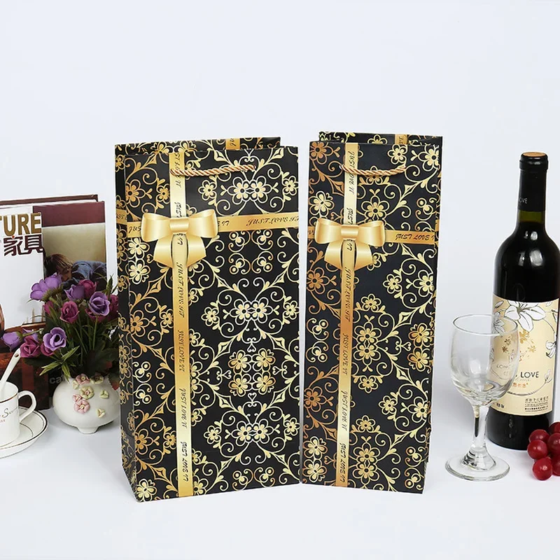 10pcs Black Red Gift Box Cardpaper Wine Bag Single Double Bottle Gold Ribbon Bow Printing Gift Holder Christmas New-year