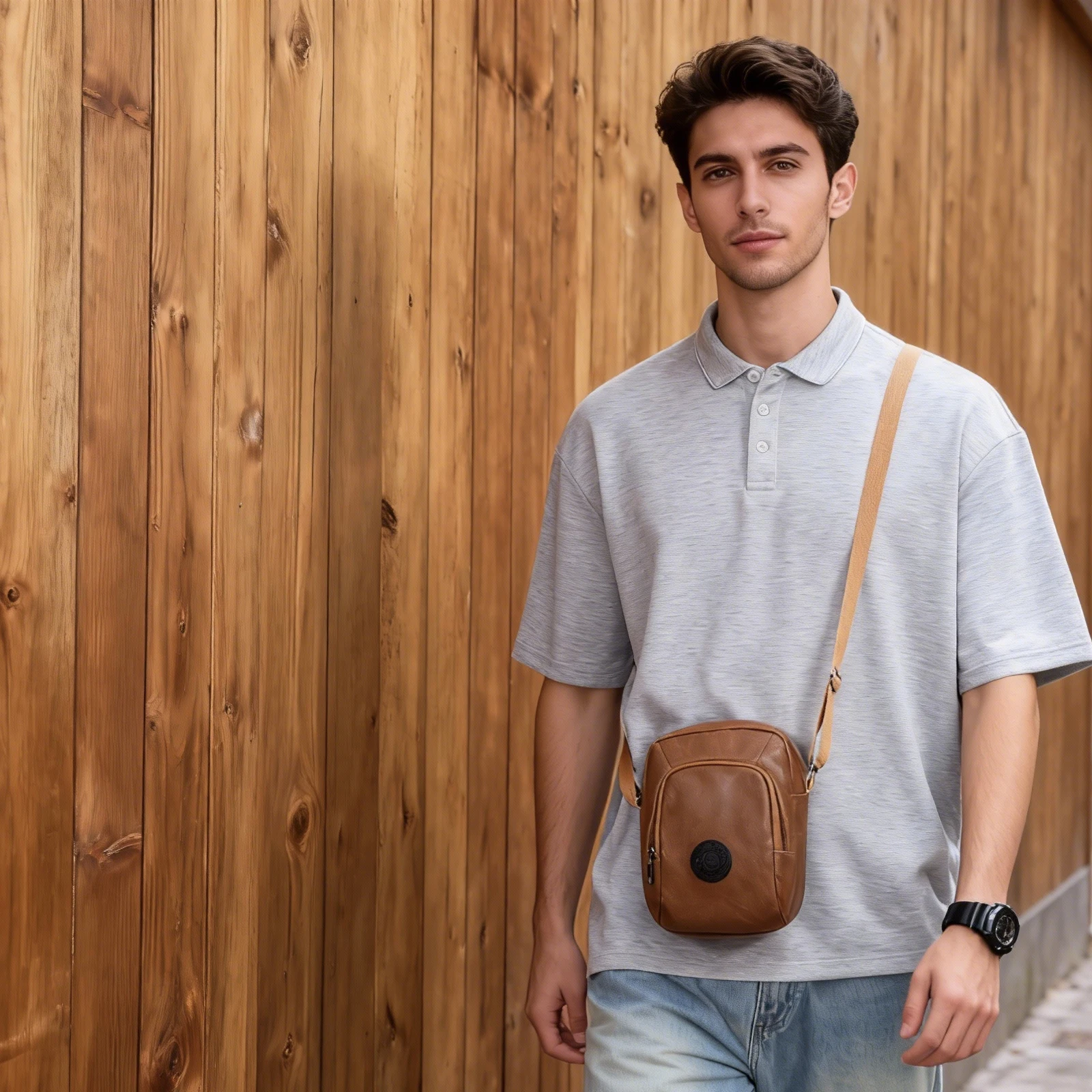 Small Shoulder Sling Bag for Men Lightweight PU Leather Crossbody Chest Side Bag Daypack for Travel Hiking Camping Work Gift