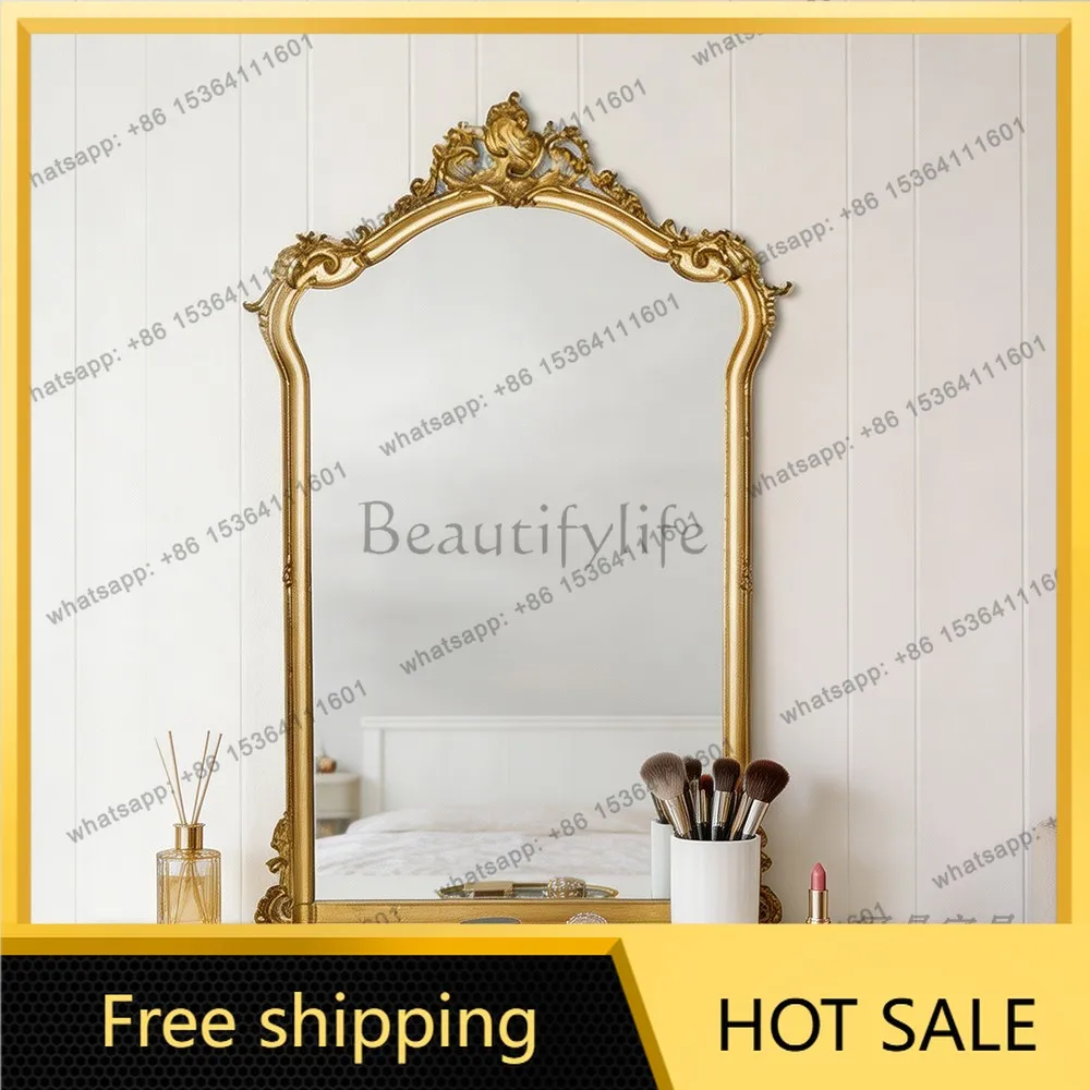 YJ French Retro Carved Irregular Art Mirror Mid‑Century Wall Mount Unit For Dressing Table Bathroom American Style Decor