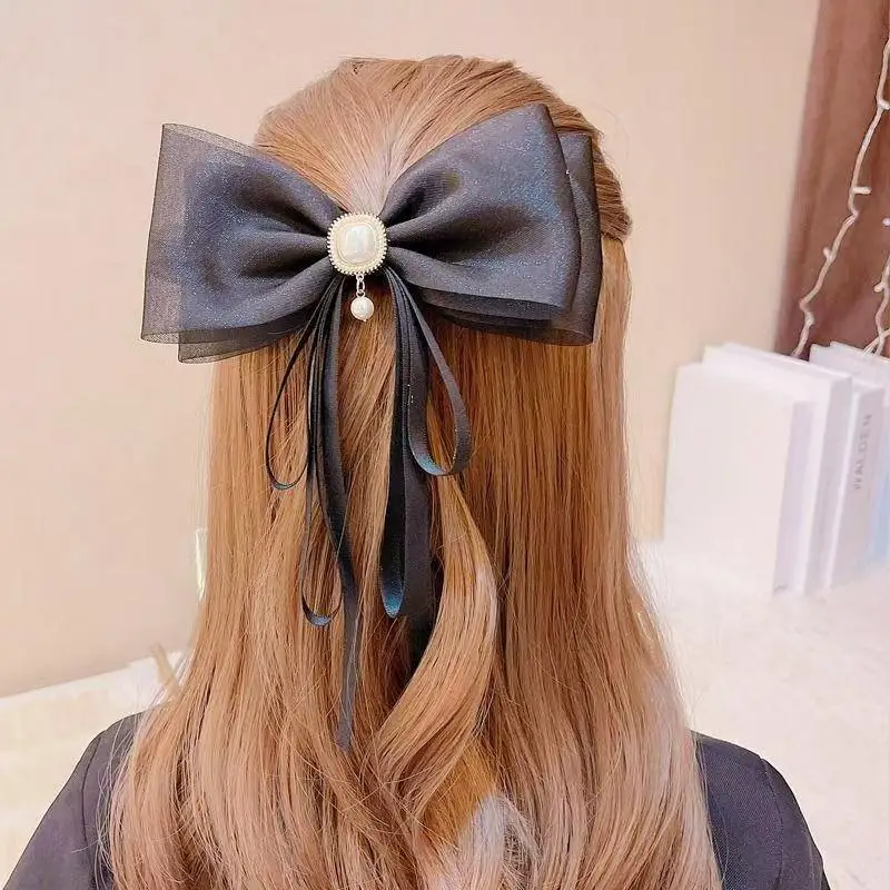 

Korean Solid Color Bow Ribbon Square Imitation Pearl Back Head Temperament Versatile Ponytail Top Clip Super Fairy Hair Card