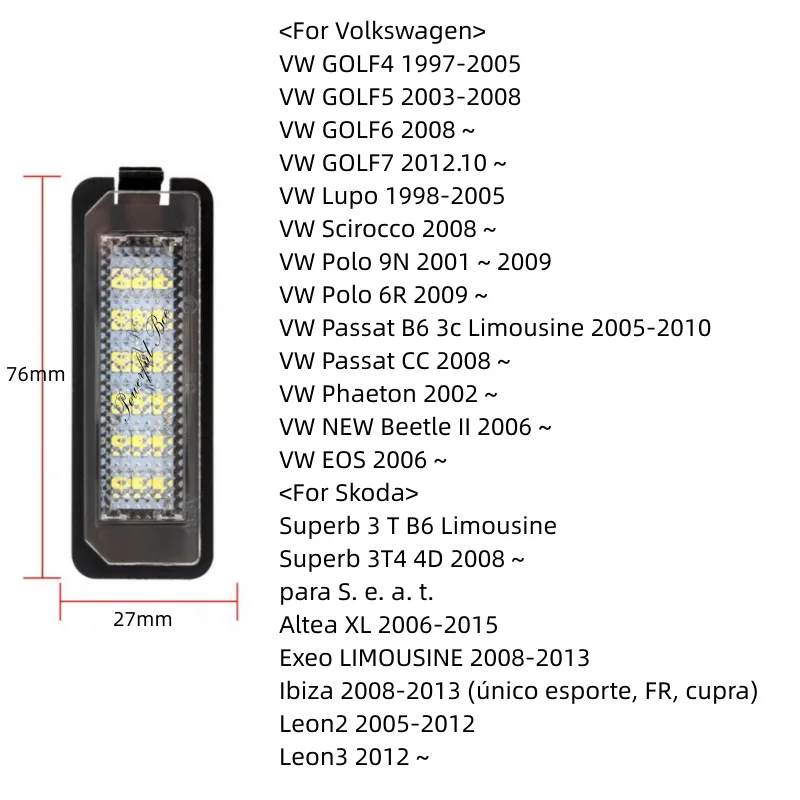 2 x CANBUS automobile LED license plate lamp signal lights for VW Golf 4/5/6/7 Passat B6/CC EOS Lupo Phaeton Scirocco cars