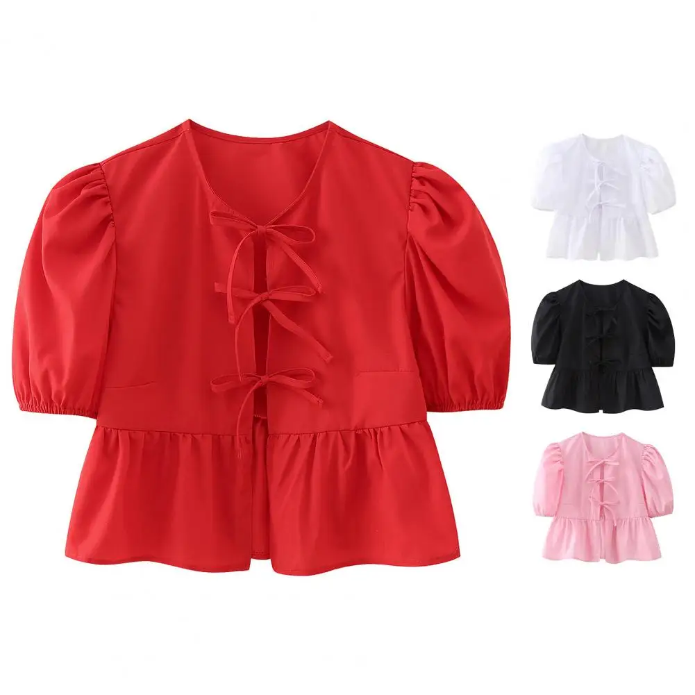 

Women Sweet Pleats Puff Sleeve Shirt Bow Tied Lace Up Front Ruffle Blouse Office Lady Pullover Shirt Chemise Blusas Cropped Tops