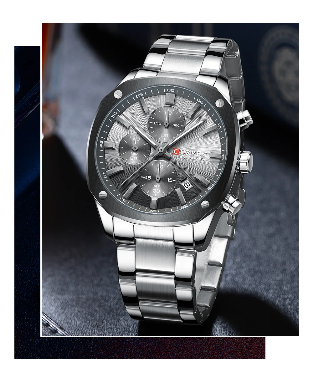 CURREN Business Casual Chronograph Uhr für Herren mit Edelstahlarmband und schwarzem Zifferblatt, leuchtenden Zeigern - Quarzwerk – Detail 13