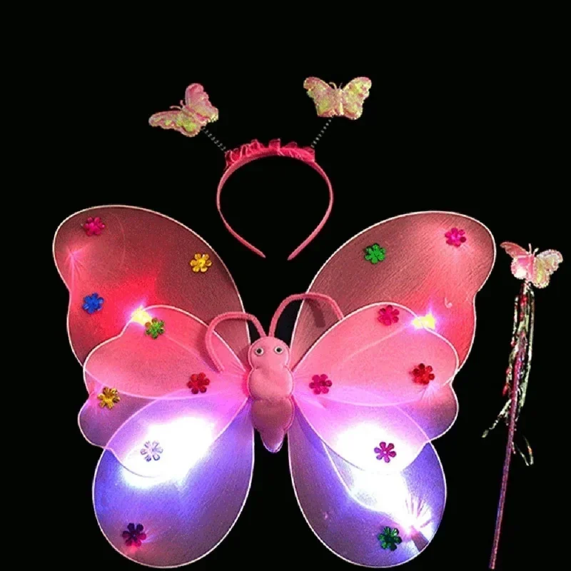 3Pcs/Set Double Layers Girls Led Flashing Light Fairy Butterfly Wing Wand Headband Costume Toy Gift Halloween Decoration