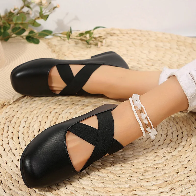 Size 36-42 Women Ballet Flats Cross Elastic Bands Casual Loafers Thin Leather Scoop Shoes Lady Soft Soles Comfortable Work Shoes