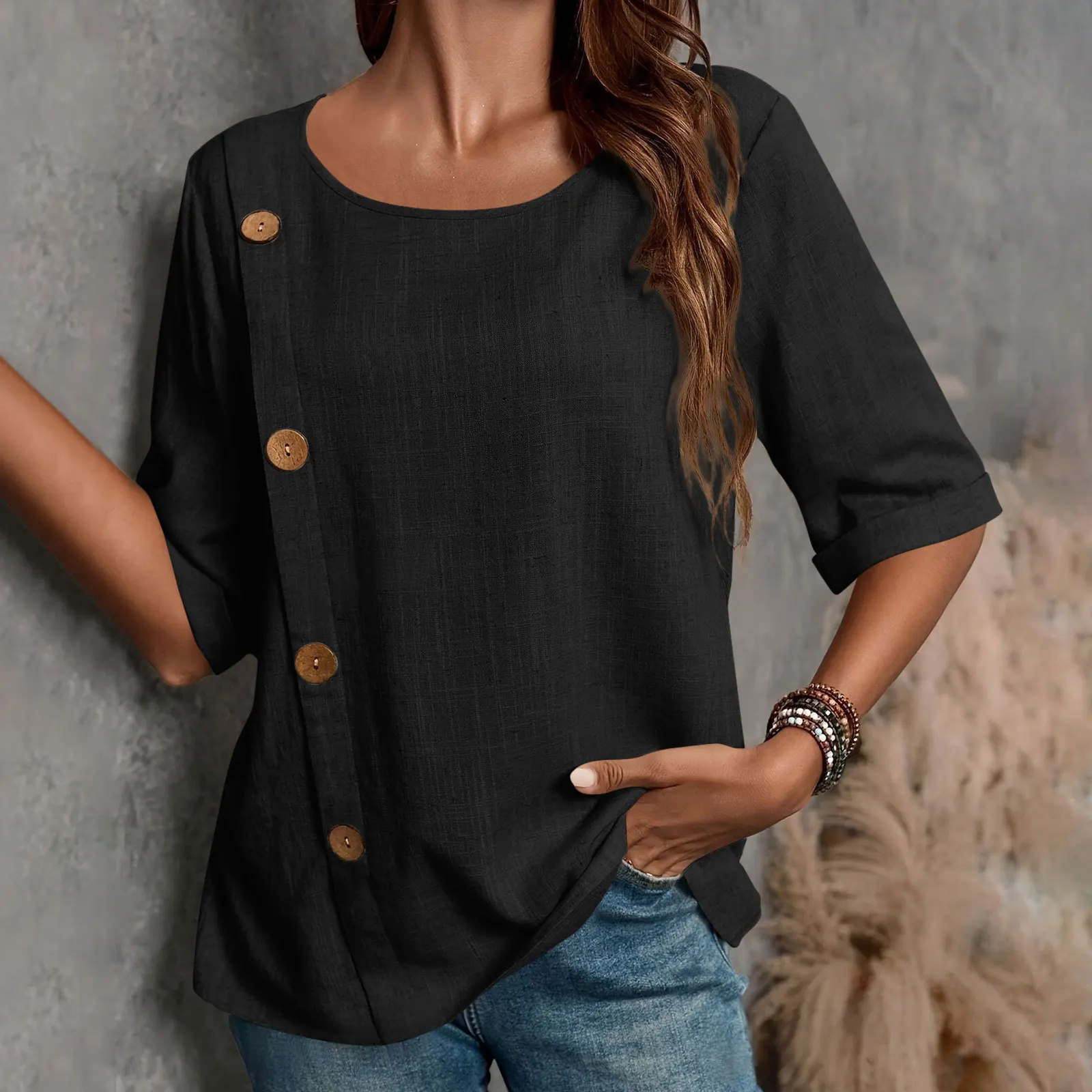 

Summer Women's Cotton Linen Buttoned Fashion Short Sleeve Shirt Casual Top