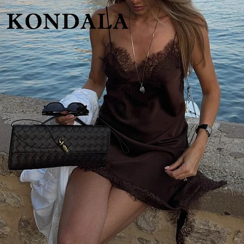 KONDALA Chic Marrone Sexy Del Merletto Y2K Vestito Da Donna Cami Asimmetrico Club Mini Vestito di Modo 2025 Moderno Partito di Notte Abiti Femminili