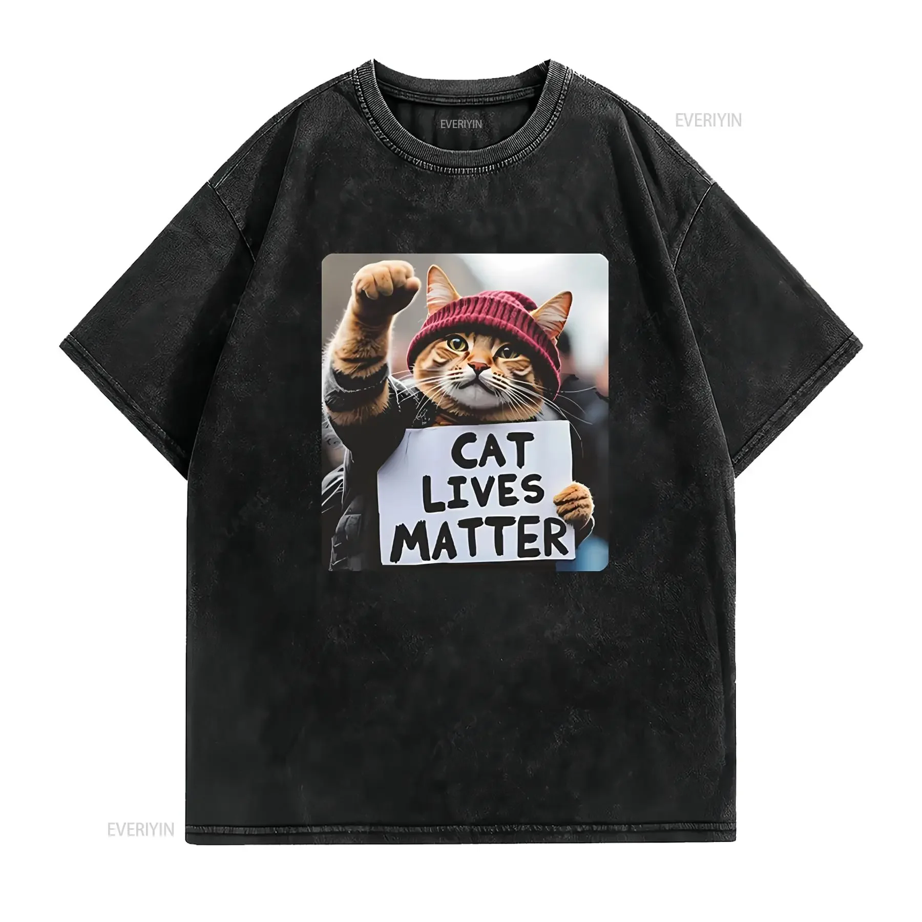 Funny Streetwear Cat Lives Matter Protest Print Casual T Shirt vintage Washed Soft Stylish Unisex fashion streetwear