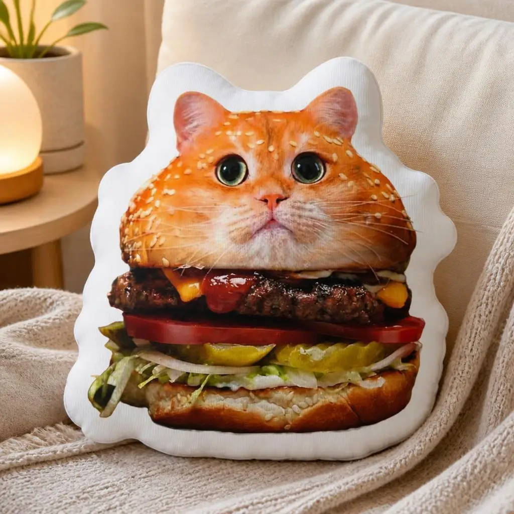 Cute Funny Cat Burger Irregular Shaped Throw Pillow Stuffed Cushion Home Decor Living Room Decorative Gift for Cat Lovers