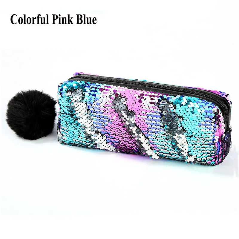 Estuche de lápices de lentejuelas brillantes Reversible con cremallera, caja de lápices de papelería escolar con bolas de pelo, bolsa de