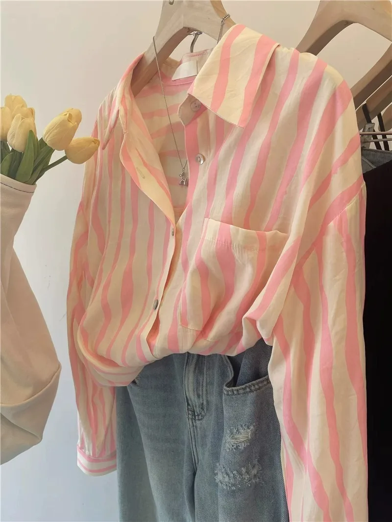 Official Picture Pink Striped Sun Protection Women Shirt Spring Summer Autumn Thin French Chic Cardigan Tops Dropshipping