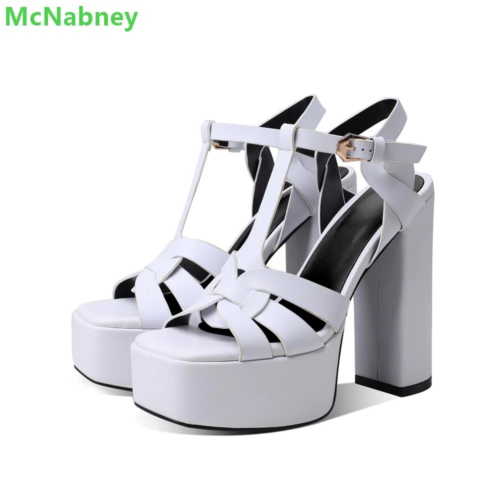 2024 New Weave Design Peep Toe Sandals Elegant Chunky Heel Hollow Ankle Buckle Strap Solid Fashion Summer Shoes For Women