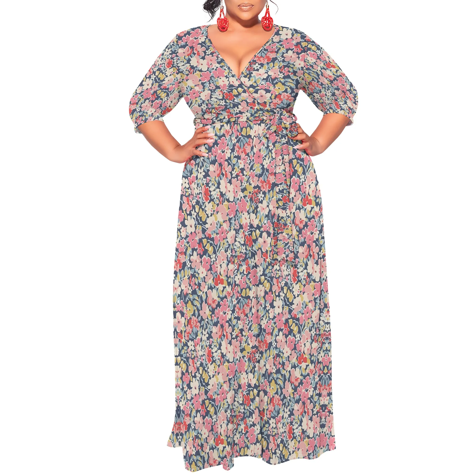 Floral V-Neck Belted Maxi Dress for Women - Elegant Puff Sleeve Wrap Summer Outfit