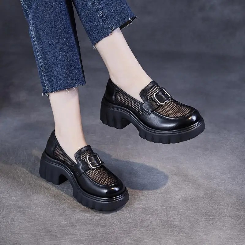 

Women's Casual Slip-On Loafers Breathable Mesh Leather Shoes Comfortable round Toe Rubber Sole Fashionable Flat Heel Footwear