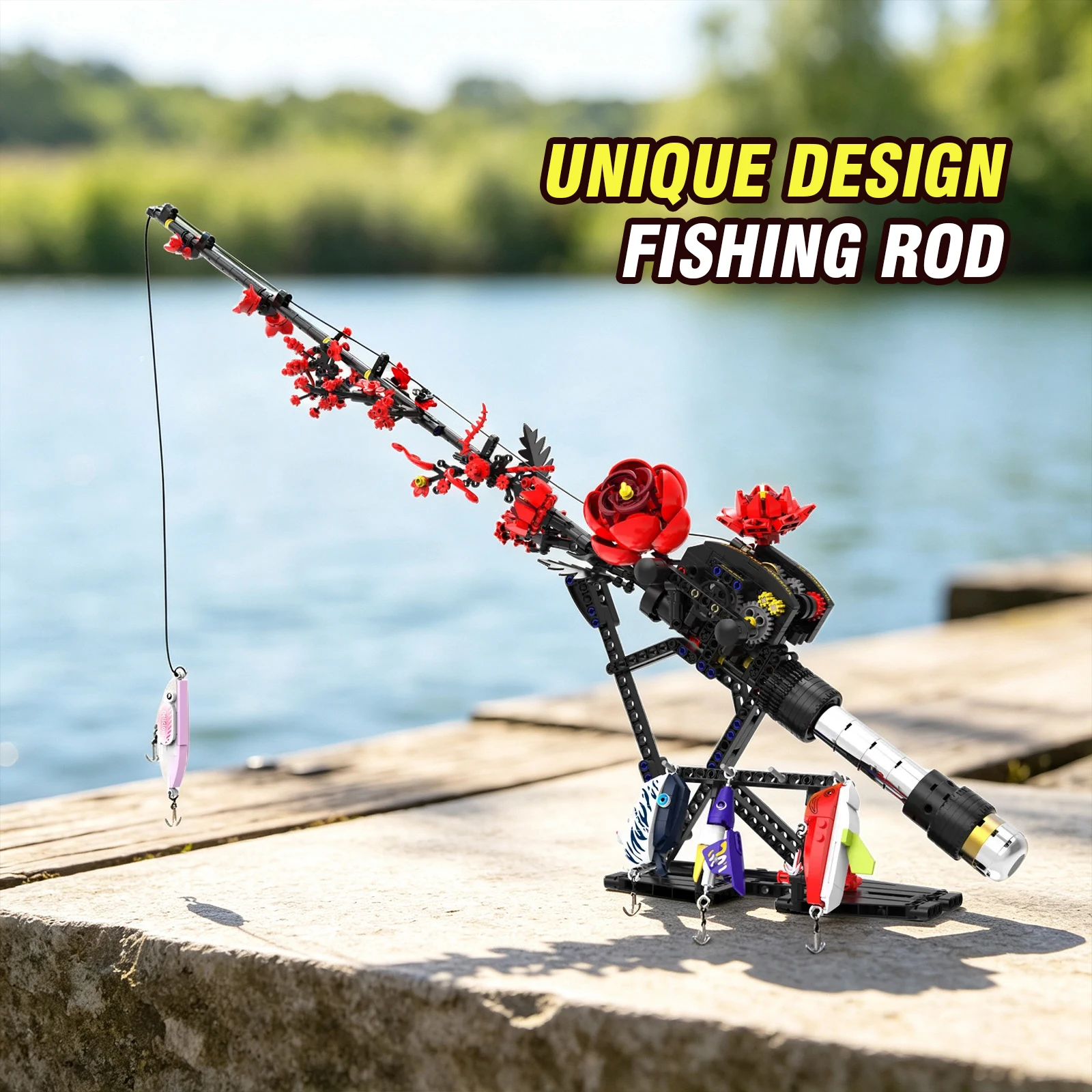 Mechanical Waterdrop Wheel Fishing Rod Building Blocks Set Transmission Rose Flower Fishing Brick Reel Toy Adult Home Decoration