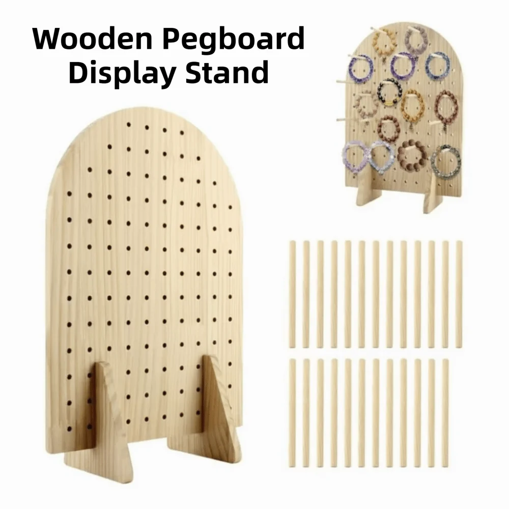 Wooden Pegboard Display Stand Decoration with 25 Pcs Wood Dowel Rods Jewelry Retail Display Rack Space-Saving Creative