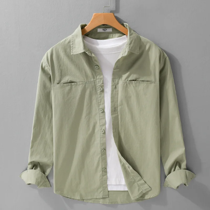 

Весенне-осенняя мужская простая и универсальная рубашка с длинным рукавом, свободная, удобная, дышащая, свежая, однотонная повседневная рубашка