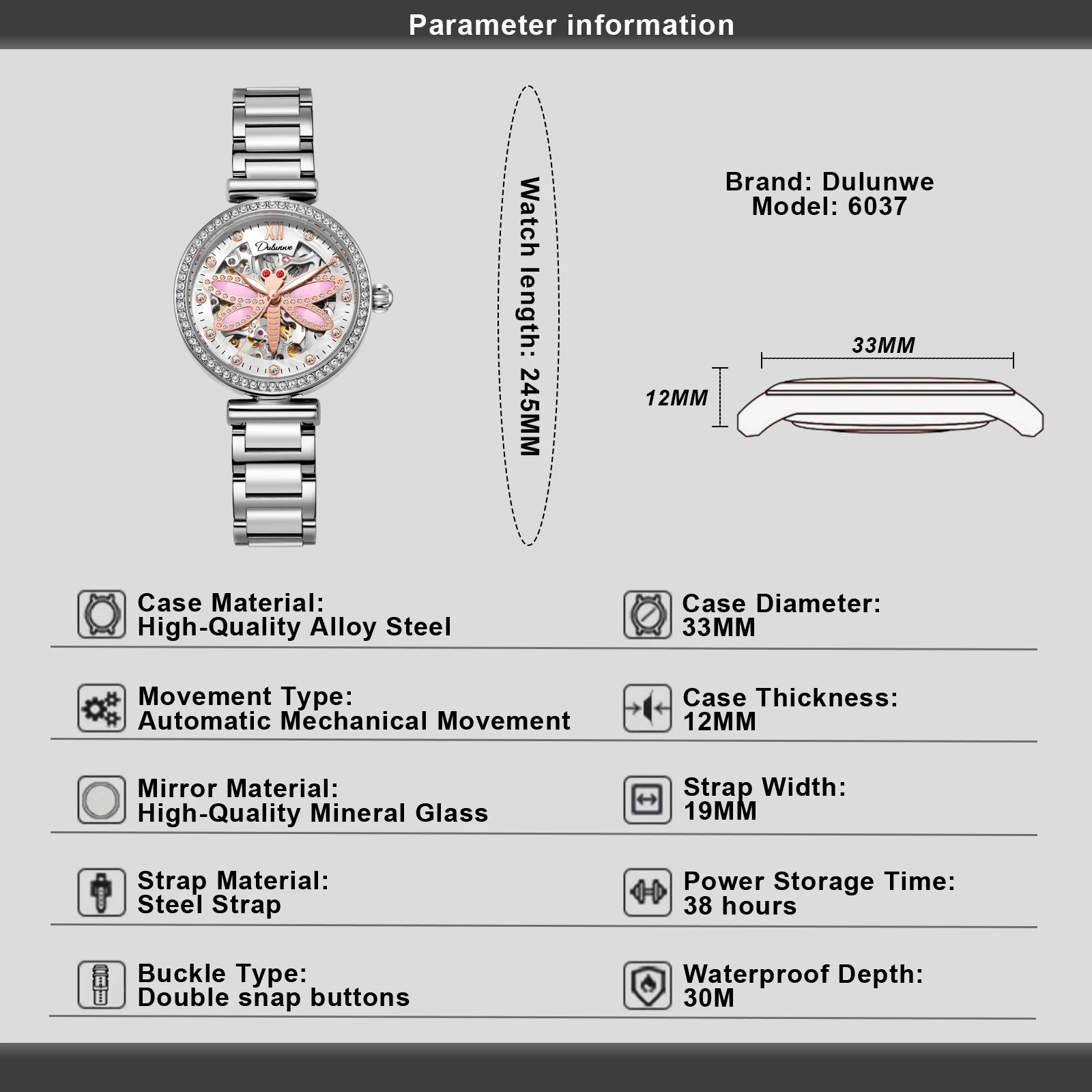 ساعة Dulunwe Skeleton Dragonfly Dial 33MM الفاخرة المقاومة للماء للنساء ميكانيكية أوتوماتيكية 6037 #2