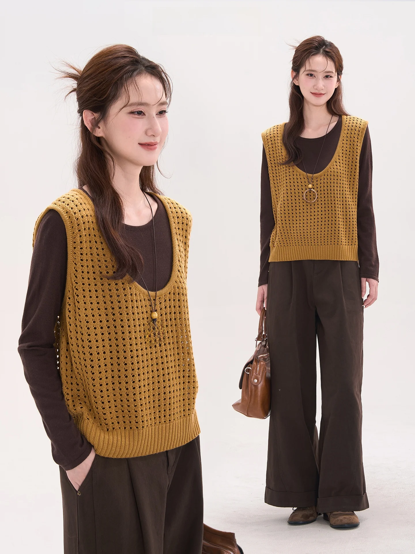 

Heme 6 Korean Sle Color Blo Hollow out Knitted Vest Top Women's Wool Blend Base irt Two Piece Set Floral Display Window