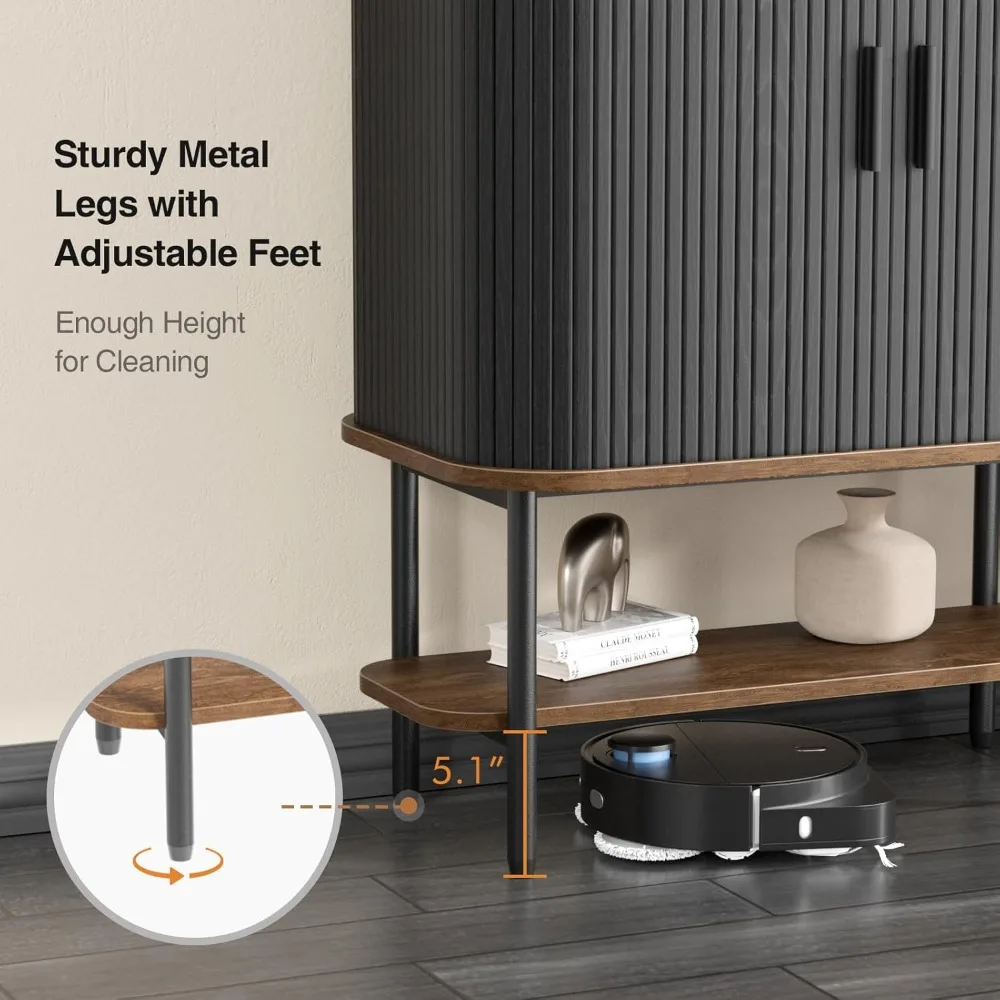 Armário de bar de café preto com armazenamento, armário de licor de vinho canelado com portas deslizantes, suporte de vidro e rack de vinho, aparador de buffets