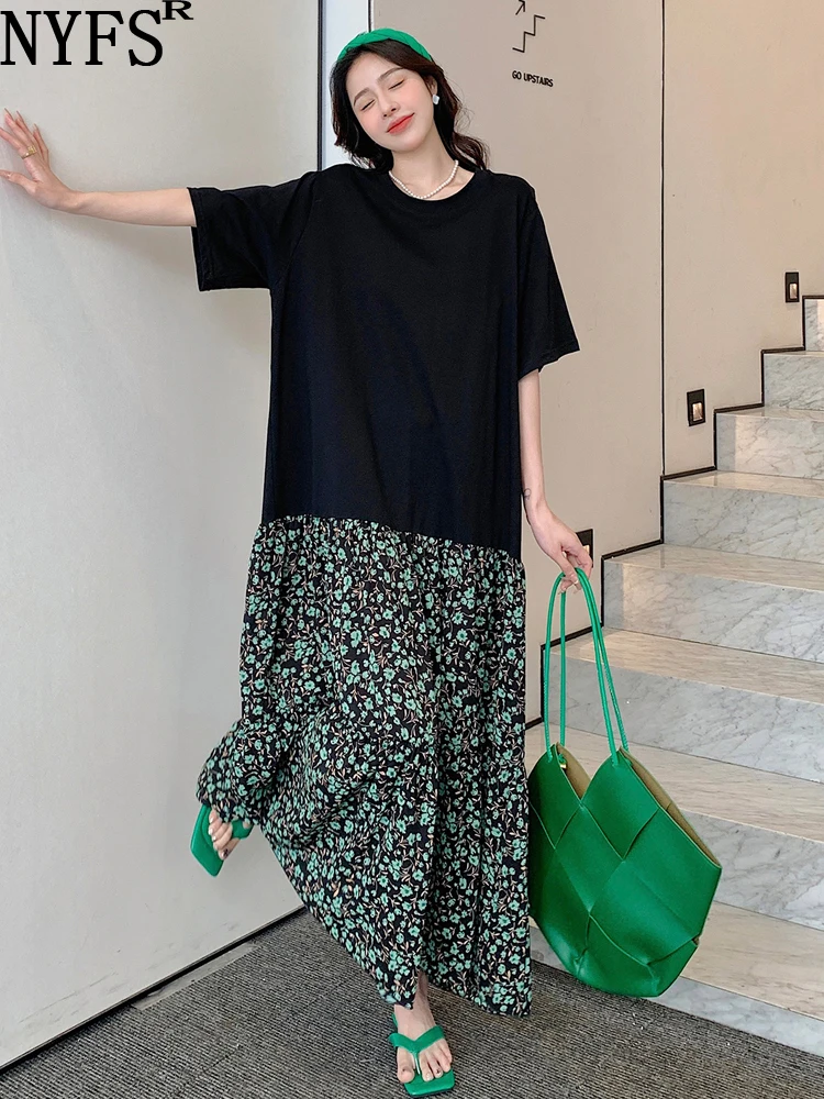 

NYFS 2023 Summer New Korea Woman Dress Vestidos Robe Elbise Loose Plus Size Patchwork Green Floral Short Sleeve Long Dresses