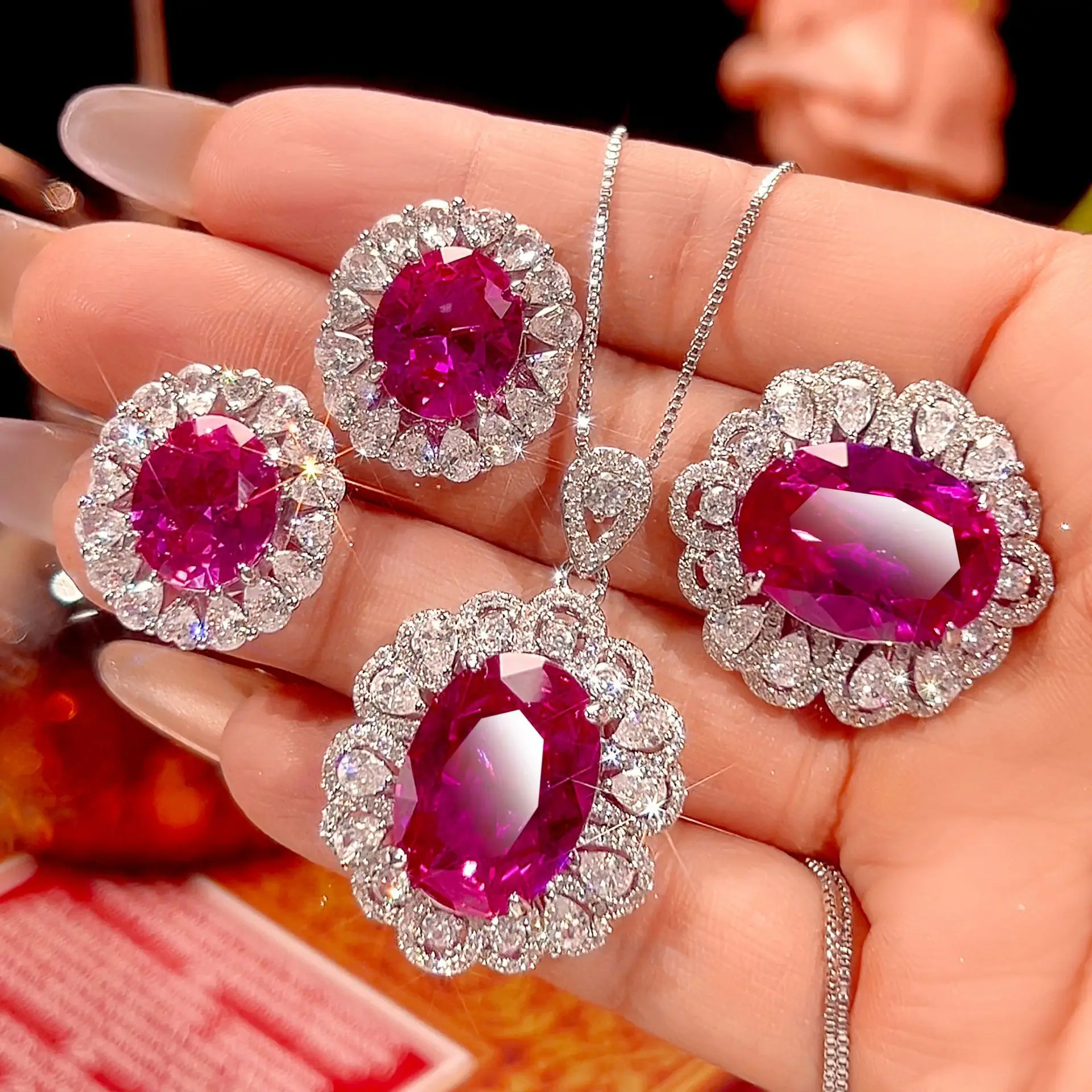 Luxury Antique Simulation Color Red Corundum Egg-Shaped Pendant Necklace Earring Ring Jewelry Set For Women Wedding Gift
