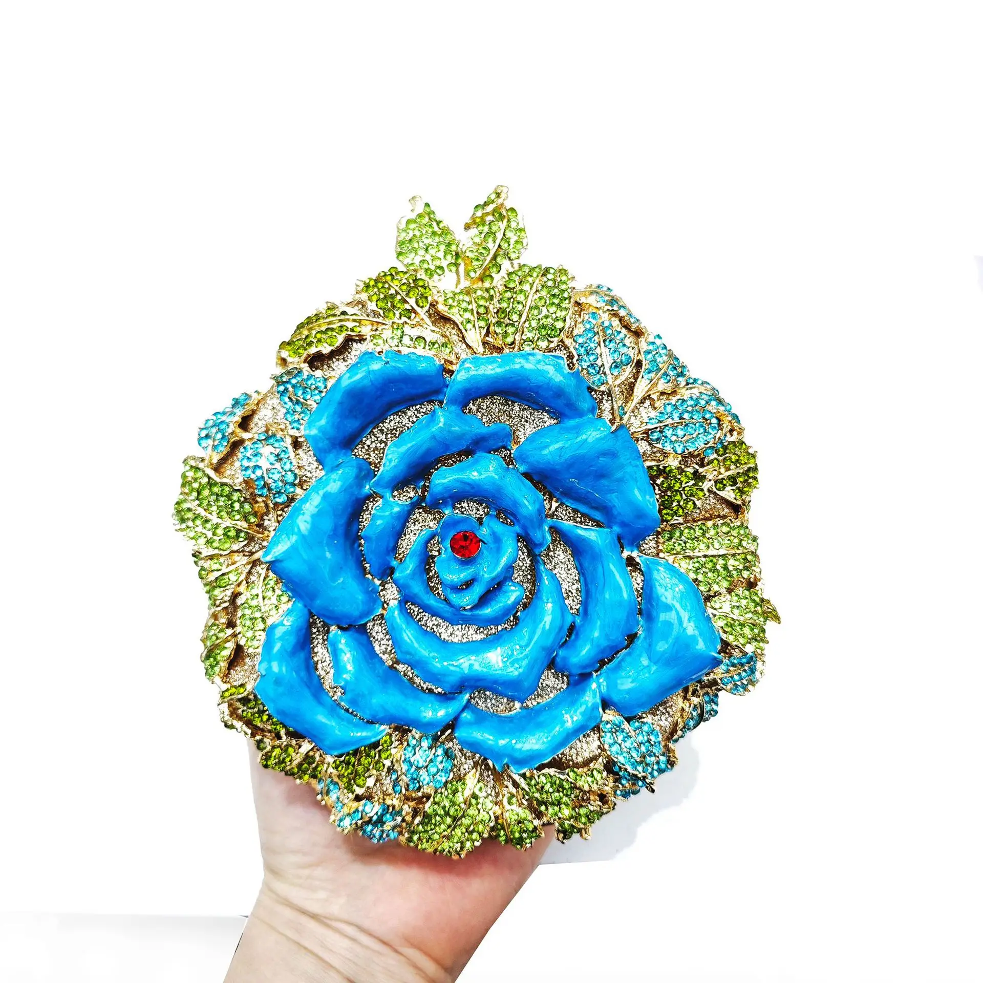 

Round Flower White/Green Rhinestones Evening Clutches Wedding Party Clutch Purse Women Floral Blue Crystal Evening Bags Bridal