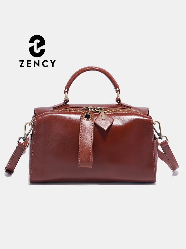 Zency Oil Wax Leather Vintage Green Handbag Women Shoulder Bag Satchel Black Wave Pattern Wide Strap Classic Boston Bag Purse