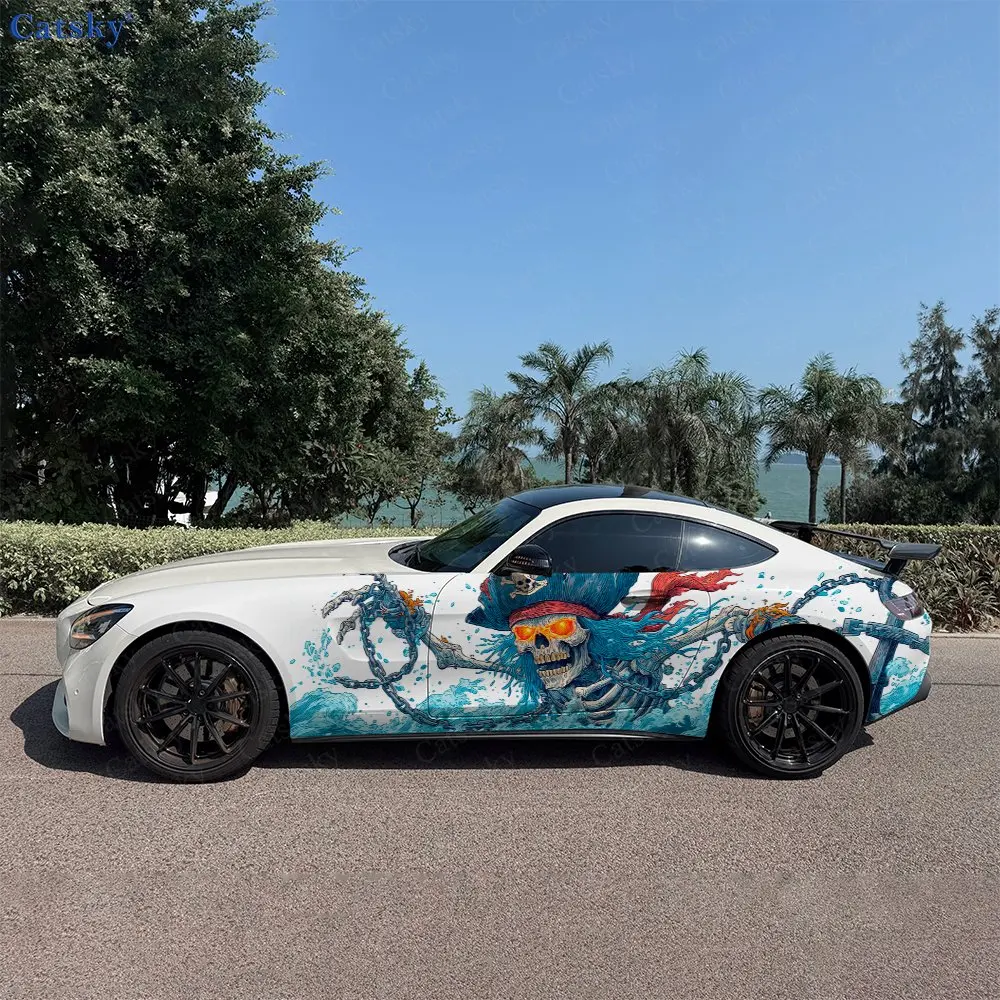 

Наклейки на боковые части автомобиля с изображением пиратского черепа на железной цепи в волнах, самоклеящиеся, из ПВХ, водонепроницаемые и устойчивые к царапинам, аксессуар для автомобиля, подарок