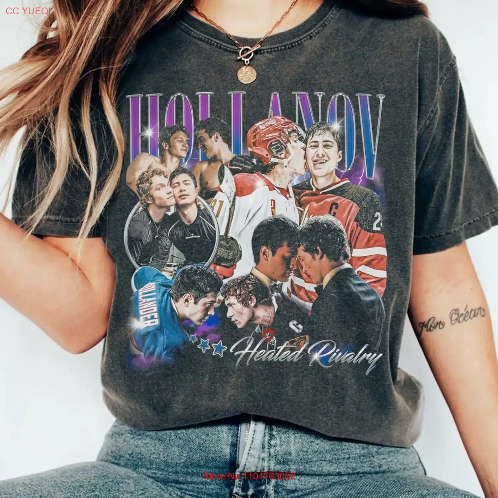 Hollanov Heated Rivalry Vintage T-Shirt Hockey Romance Fan Vintage Washed Bequeme Streetwear Stylisch Dehnbar