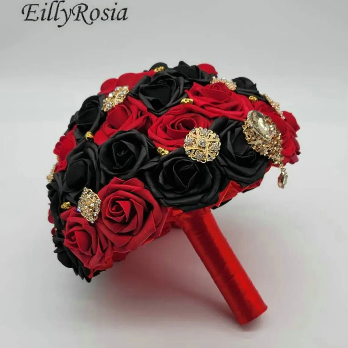 EillyRosia Red and Black Gothic Bride Wedding Bouquet Foam Roses Silk Ribbon Gold Jewelry Brooch Bouquet Customized Color / Size