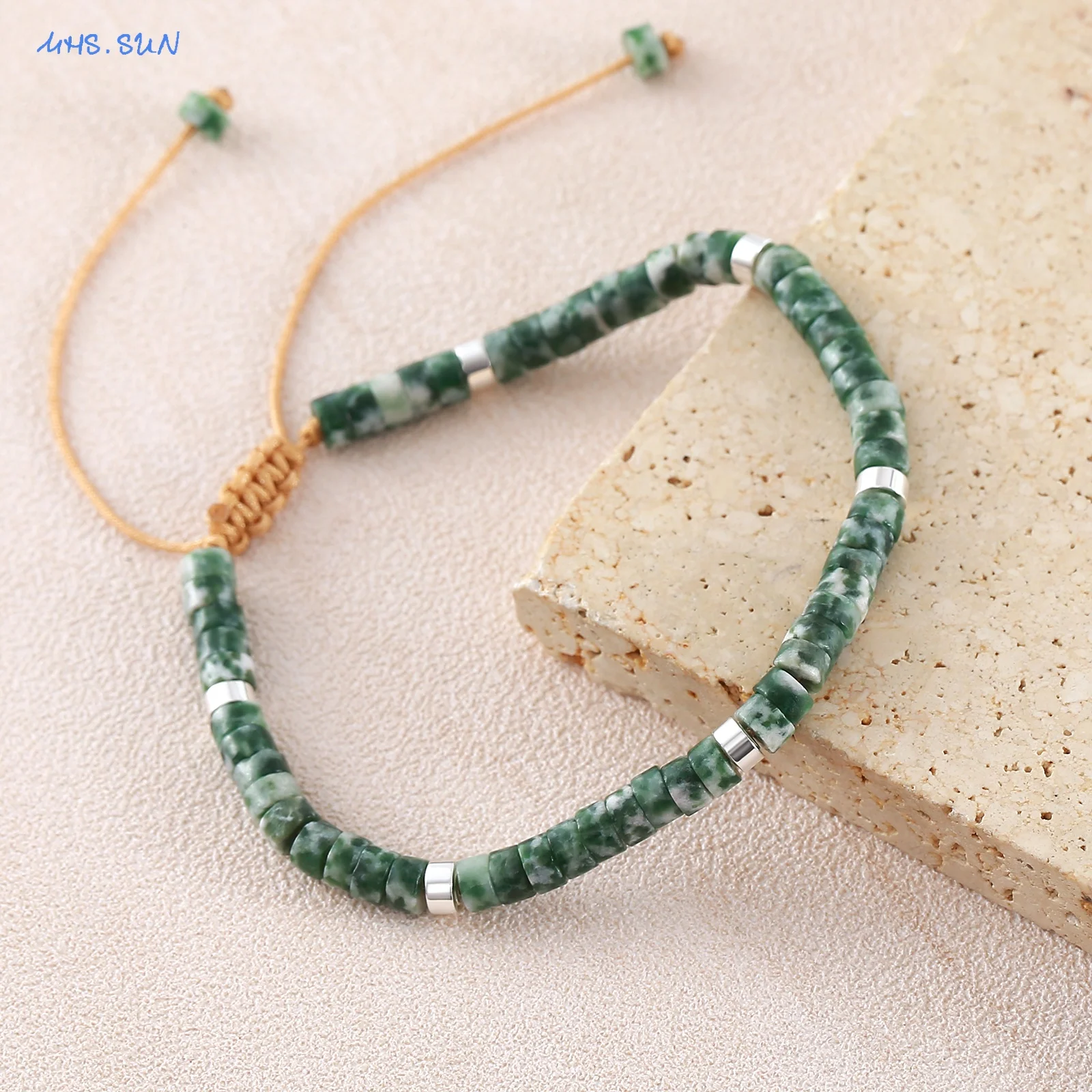 Fashion 4×2mm Geometric Cylinder Natural Blue Topaz Bracelet Adjustable Drawstring Design Retro Trendy Men Party Jewelry Gift