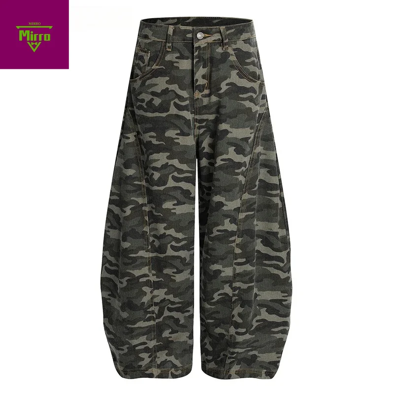 【Mirrordust】Camuflagem cimitarra exército verde calças dos homens emendados retro high street solto perna larga denim calças ao ar livre homem