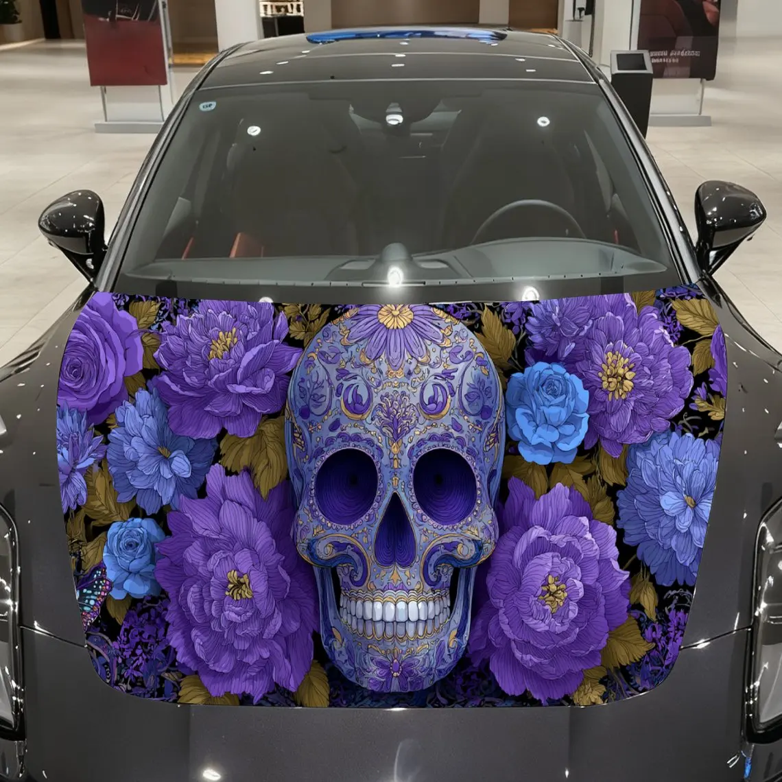 

Enchanting Purple Sugar Skull Floral Car Cover Sticker, Auto Hood Decal, Car Exterior Scratch Resistant Decal, Trendy Gift for C