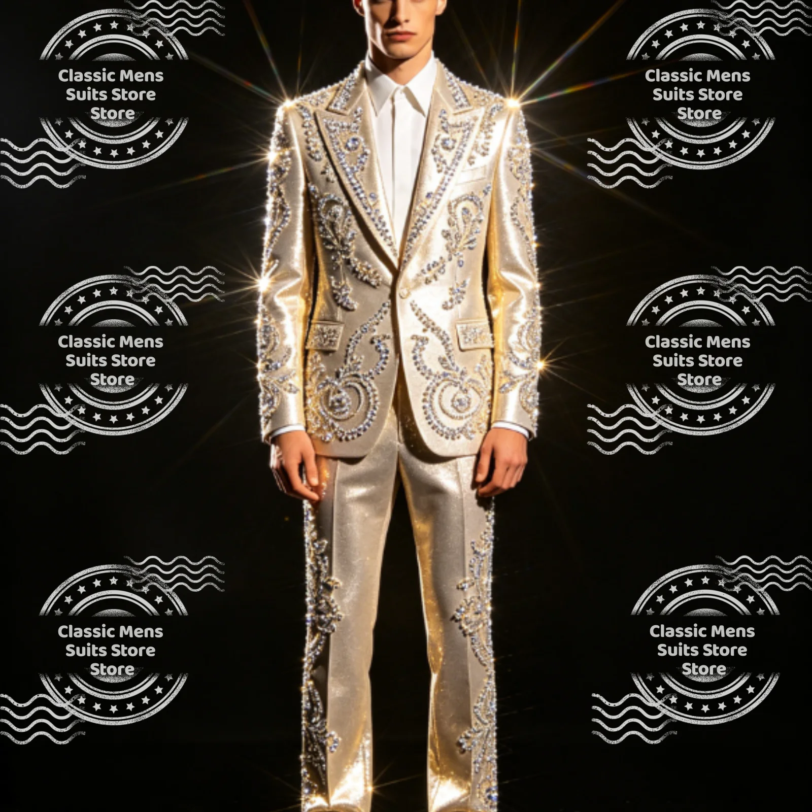 

Sparkly Crystal Jewelry Suit For Men Formal Groom Party Male Blazer 2 Piece Sets Customized Slim Fit Tuxedos Wedding Ropa Hombre