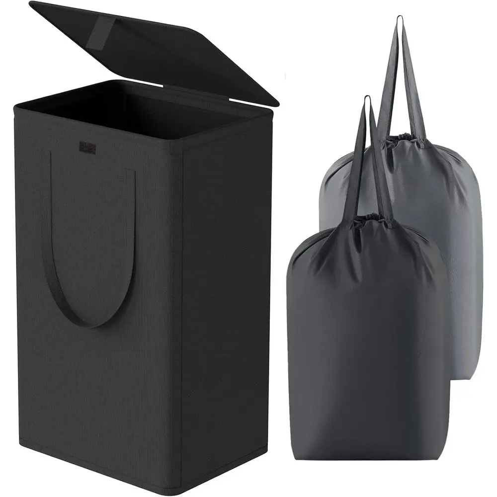 

Большая складная корзина для белья с крышкой и 2 съемными сумками, идеально подходит для прачечной, ванной комнаты, общежития (черный)