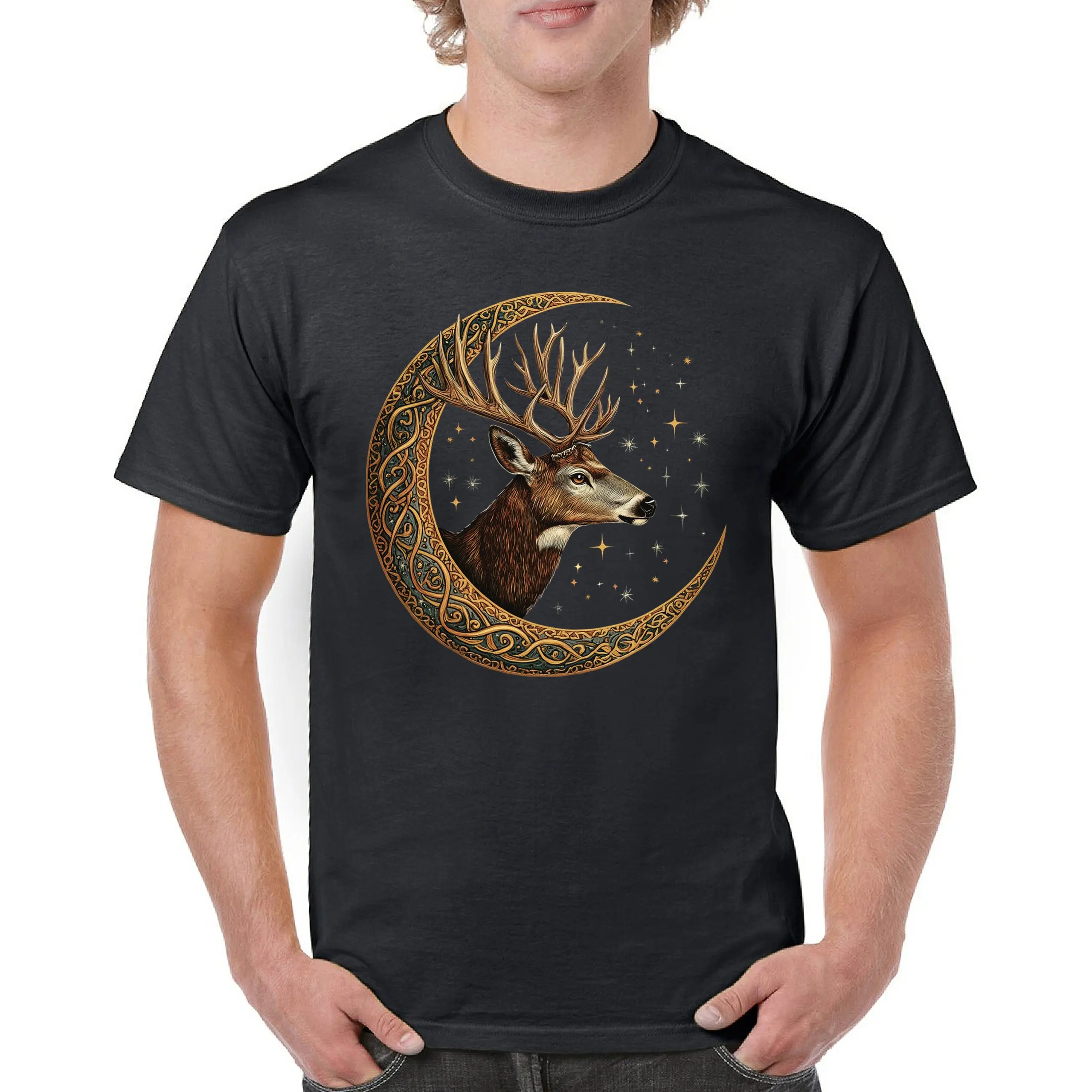 

Mystical Forest Animal Wildlife Celestial Celtic Moon Deer T-Shirt 100% Cotton O-Neck Short Sleeve Summer Casual Mens T-shirt