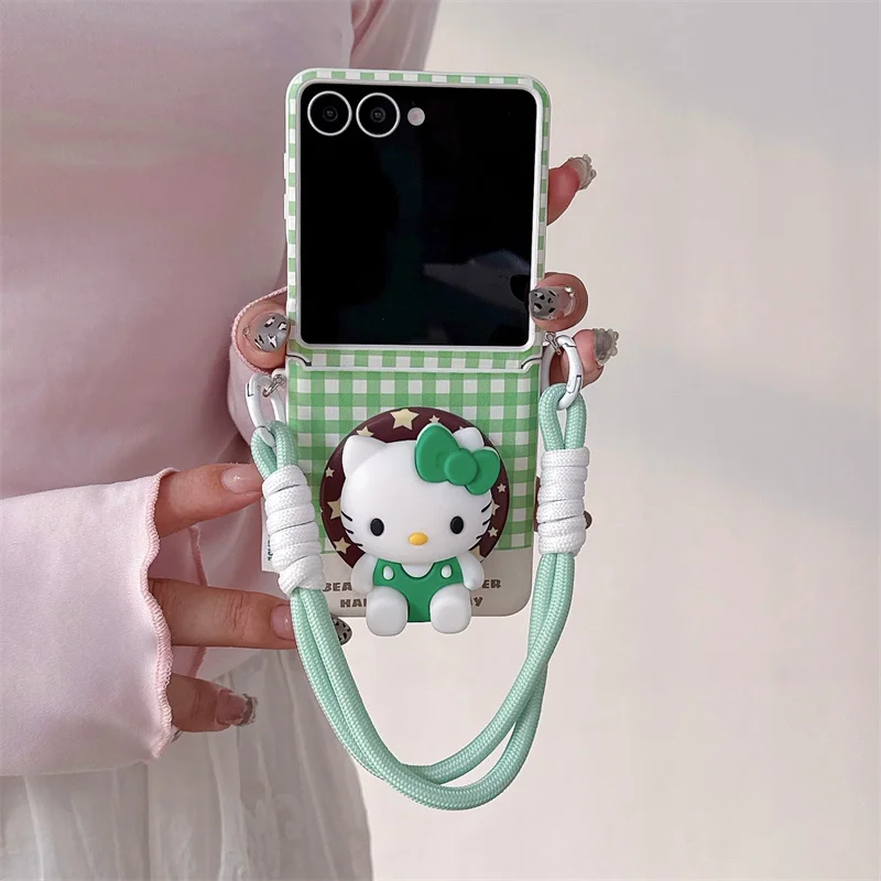 

Fashion Green Plaid Pattern Cute Kitty Phone Case For Samsung Galaxy Z Flip 7 6 5 ZFlip6 ZFlip7 Cover with Stand Strap For Magsa