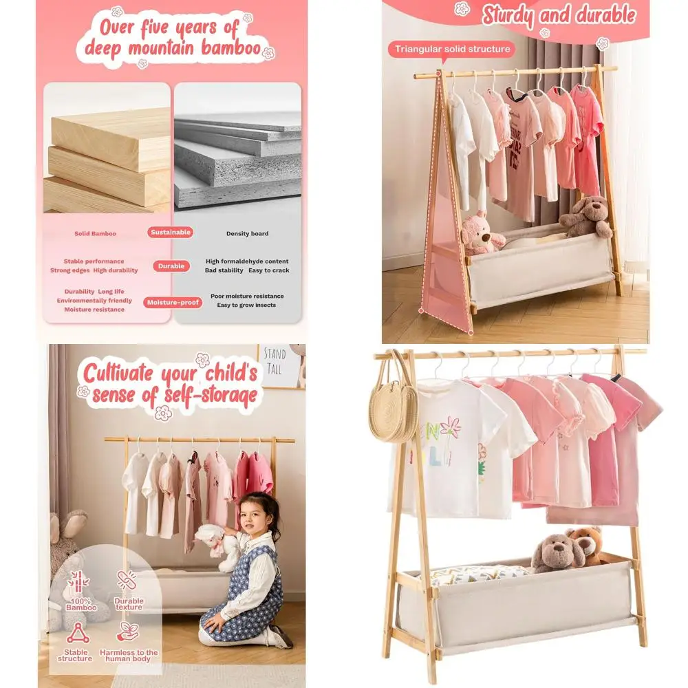 

Детская вешалка для одежды из натурального бамбука с местом для хранения и органайзером для подвешивания
