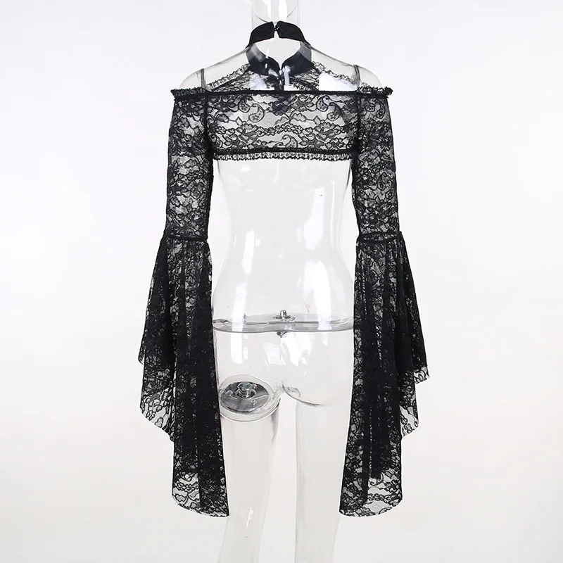 Black See Through Floral Lace Stand Collar Flare Sleeves Steampunk Victorian Jacket Women Cosplay Anime Vintage Coat Gothic Top