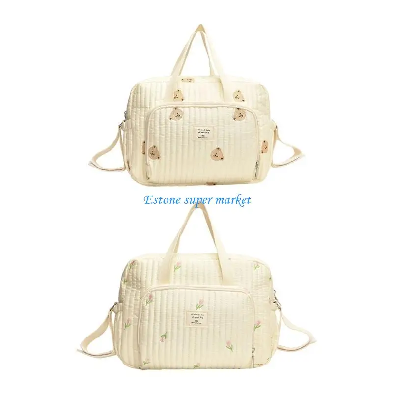 090B Stylish Large Capacity Crossbody Bag Multi Pocket Embroidered Diaper Handbag with Shoulder Strap for Travel and Daily