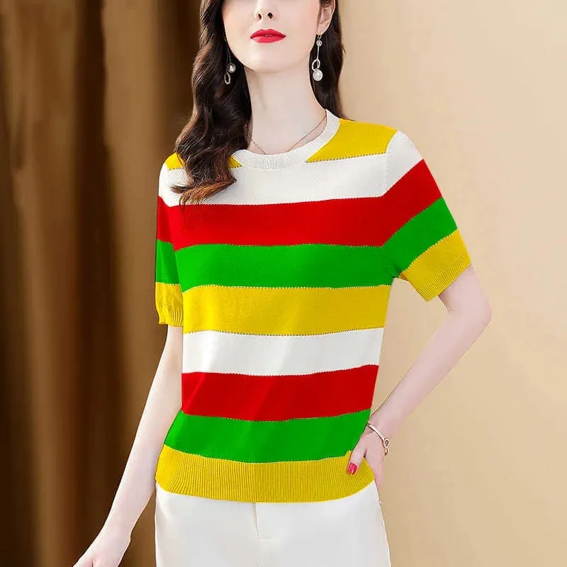 Women Striped Ice Silk Knitted Short-sleeved Thin T-shirt Pullover 2023 Summer New Casual Joker Temperament Ladies Top Undercoat