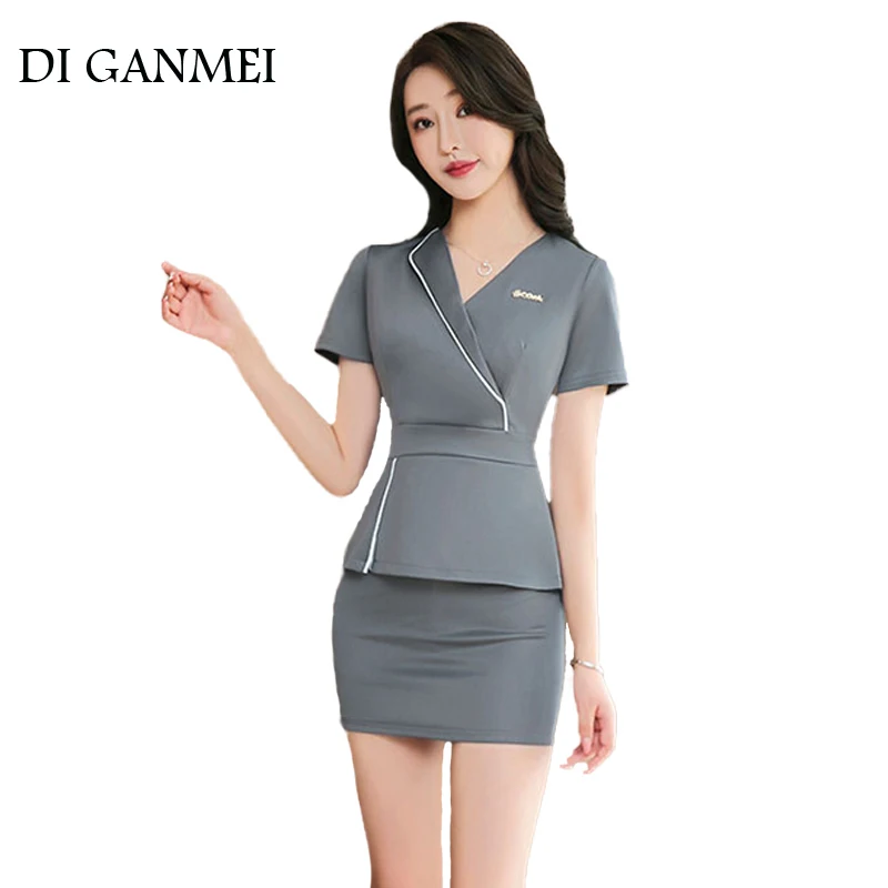 

High End Beauty Salon Uniform Professional Technician Work Clothes Short Sleeved Hips Show Thin Skirt Set Spa Masseuse Overalls