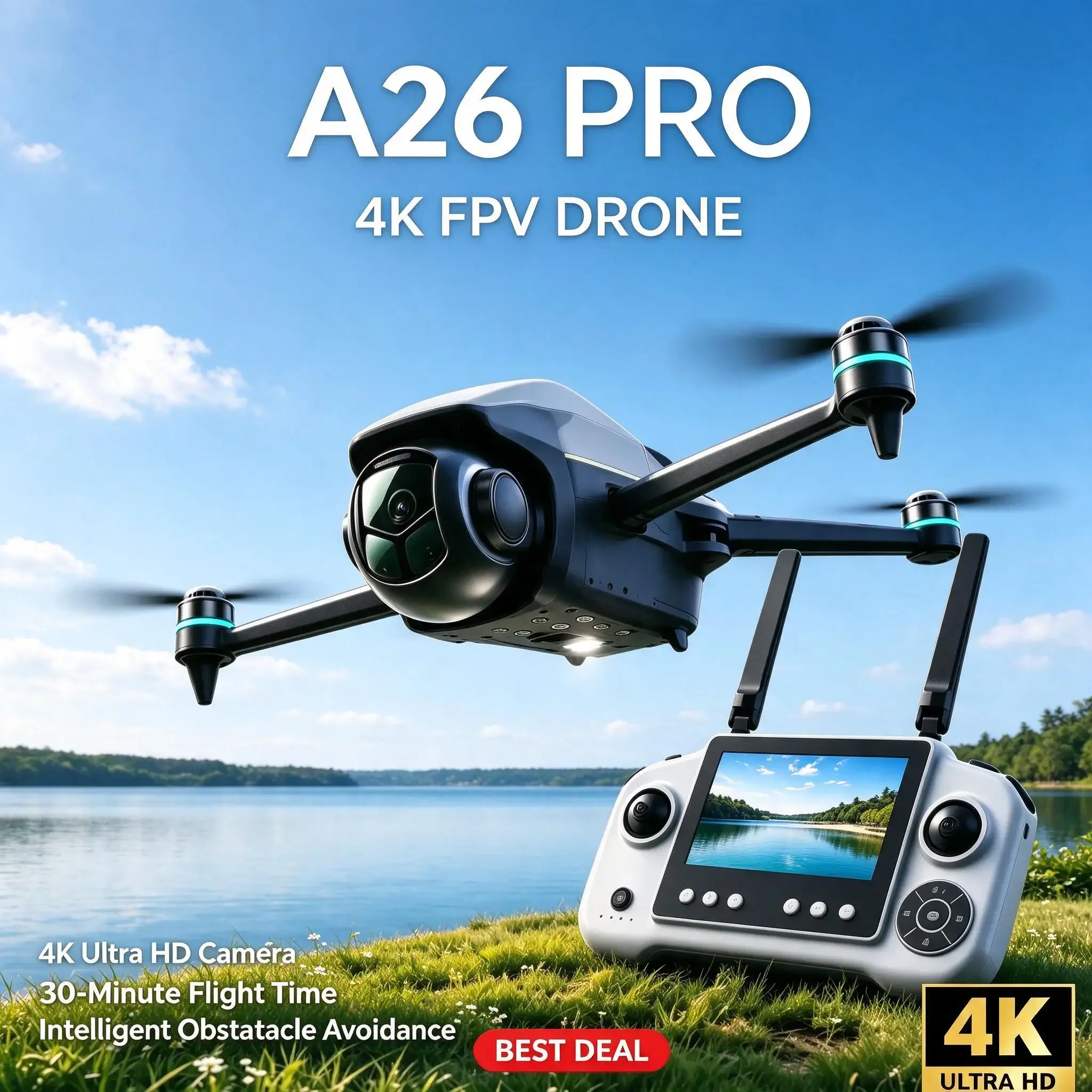 Durable Pro FPV Drone 4K HD Triple Camera Brushless Motor Obstacle Avoidance Foldable RC Quadcopter 4K With Carrying Case A26