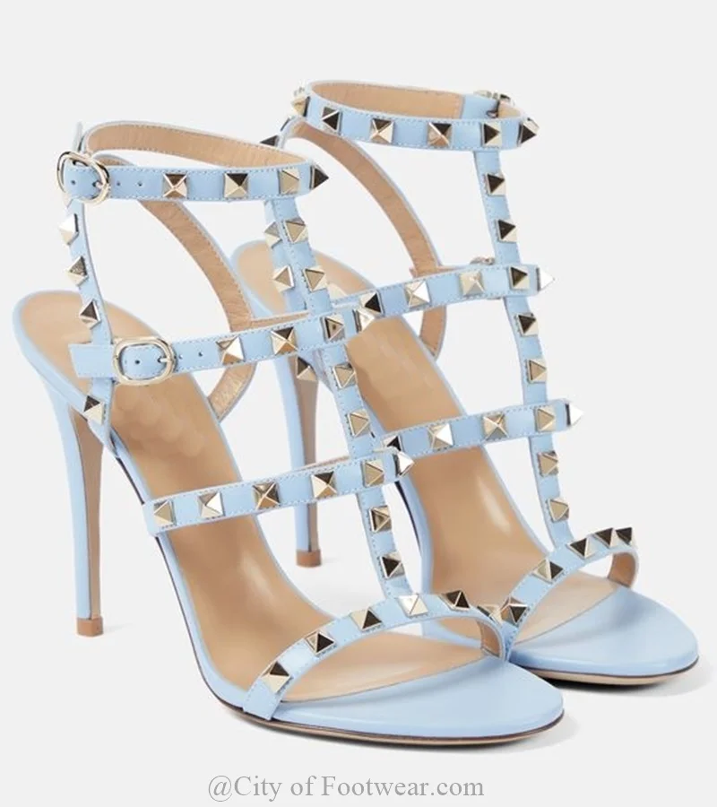 

Rockstud Colorful Leather Sandals Women Caged Ankle Strap High Heels Summer New in Stilettos Luxury Designer Party Comfy Shoes