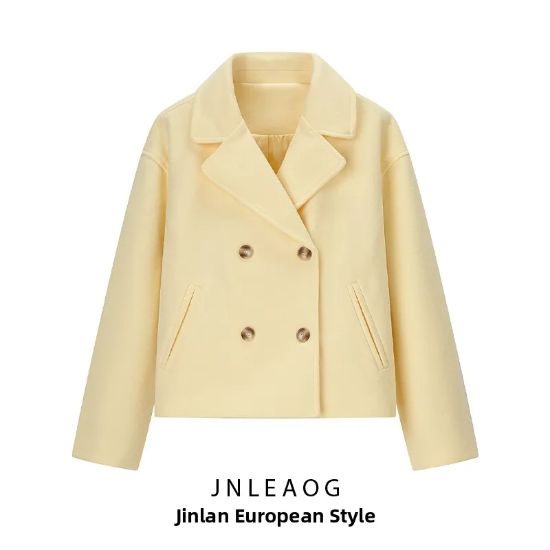 

JNLEAOG Autumn New Fashionable Street Style Women's Short Woolen Coat Double Breasted Versatile Windproof Long Sleeve Polyester