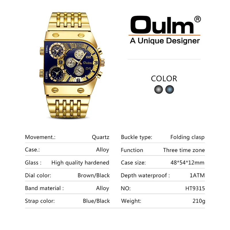 Oulm Unique Men Watch Square Sports Quartz Wrist Watch for Man Sports Multi-Time Zone Military Male Waterproof Relogio Masculino